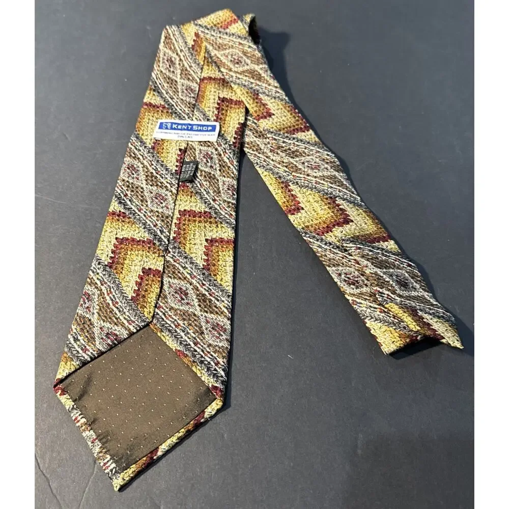 Kent Shop 100% Silk Necktie 4” Wide Retro Handmade Brown Gray Cream Gold‎